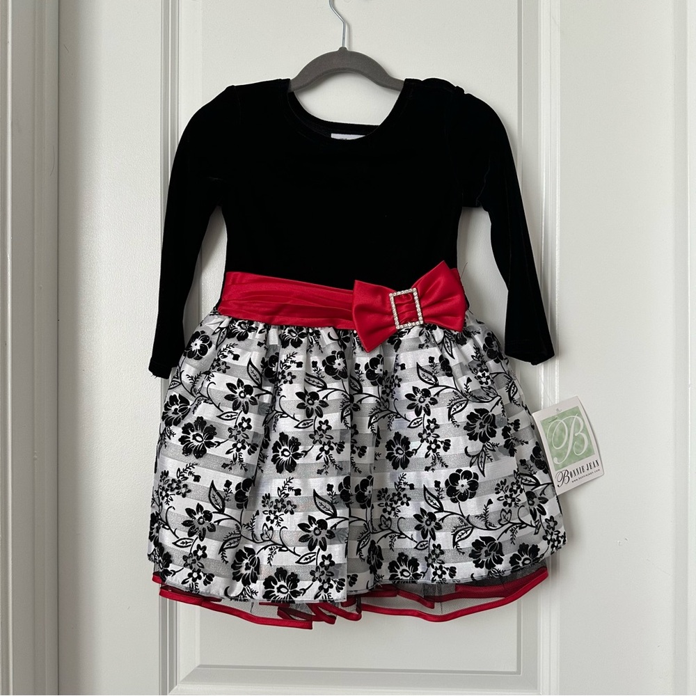 Bonnie Jean Formal Special Occasion Black Velvet Long Sleeve Floral dress